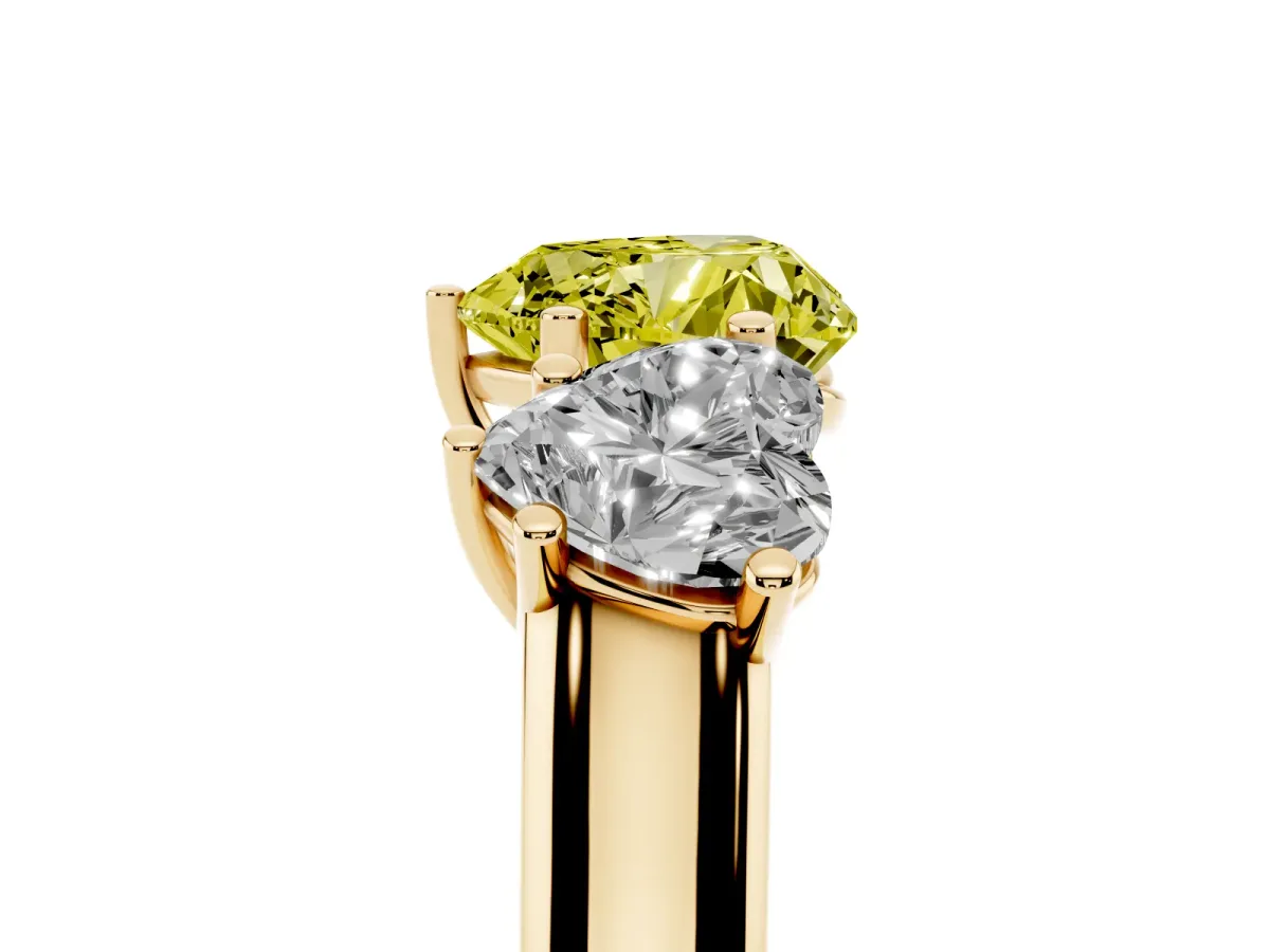 Fancy Yellow Heart Cut Three-Stone Diamond Ring with Prong Setting on a Classic Band Yellow gold