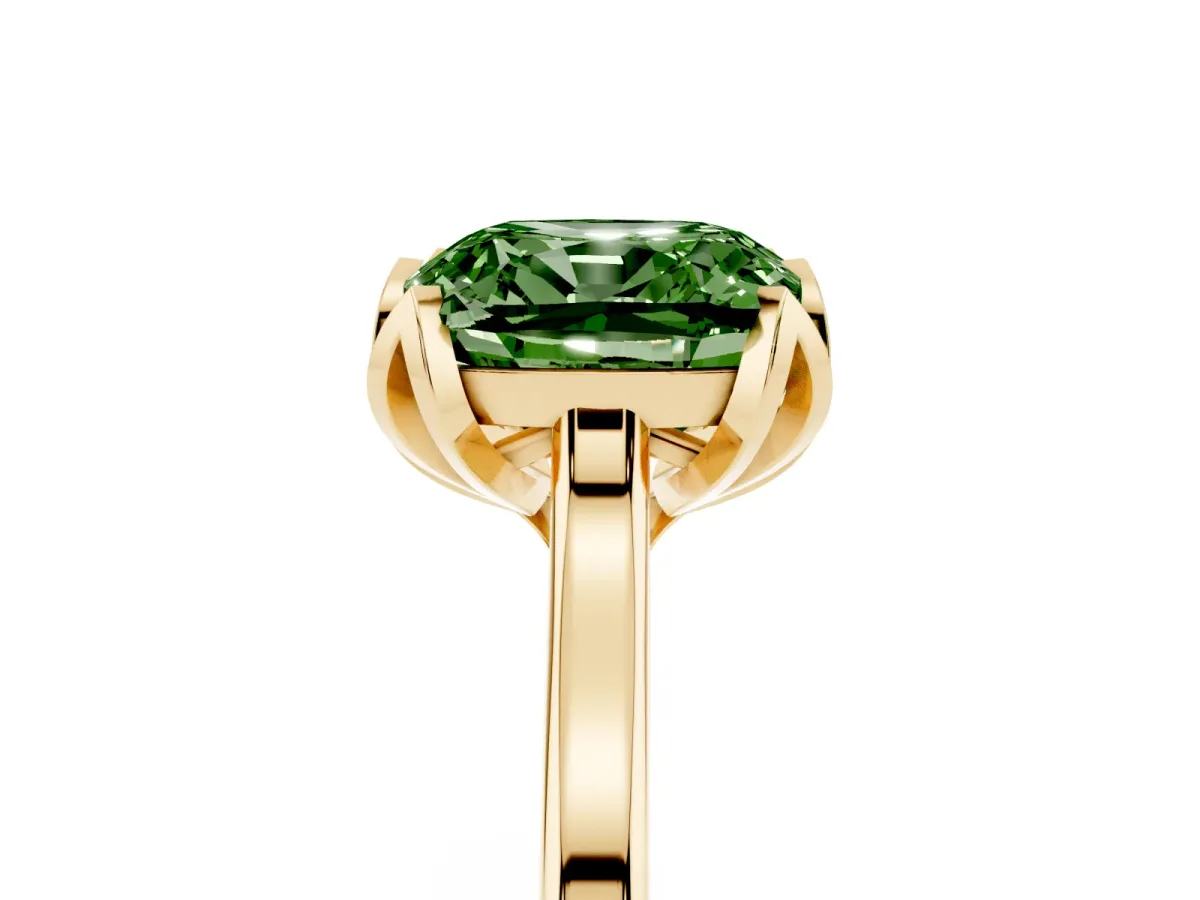 Fancy Green Cushion Cut Diamond Solitaire Ring with Flower Prong Setting and Classic Band Yellow gold