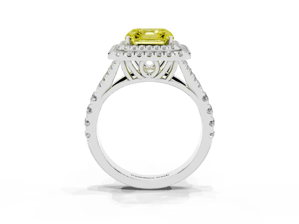 Fancy Yellow Asscher Cut Cut Double Halo Split Shank Diamond Ring with Prong Setting Platinum