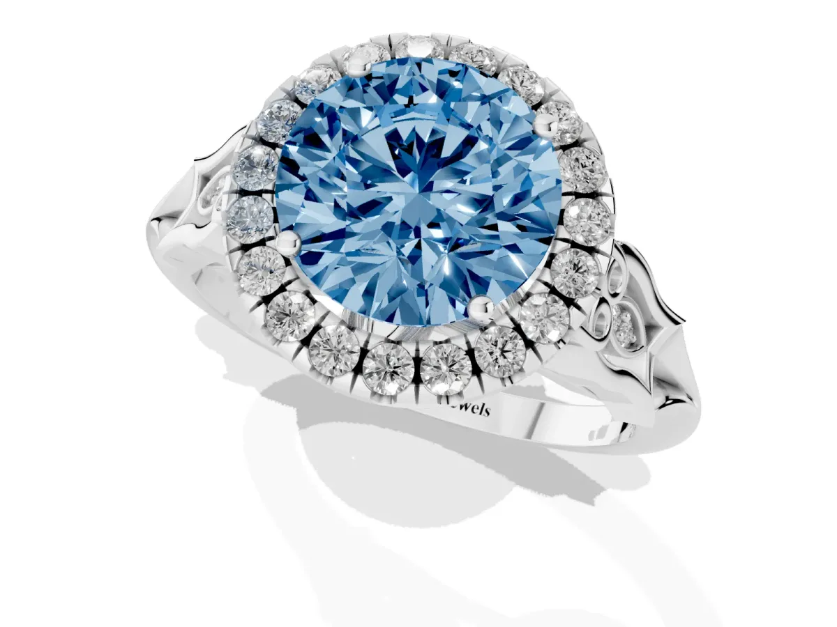 Fancy Blue Round Cut Halo Diamond Engagement Ring with Filigree Band and Four-Prong Setting White gold