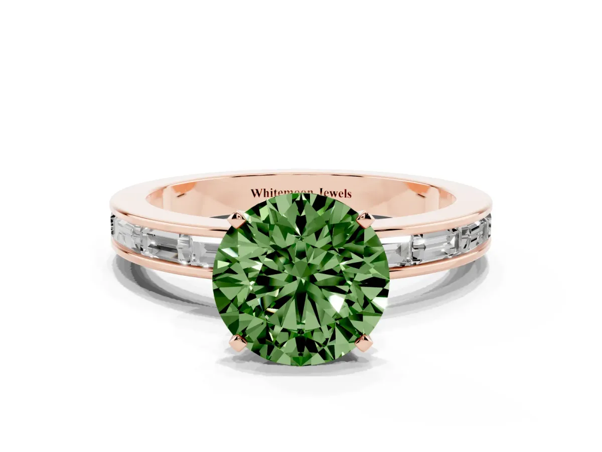Fancy Green Round Cut Solitaire Diamond Ring with Channel-Set Baguette Band and Four-Prong Setting Rose gold