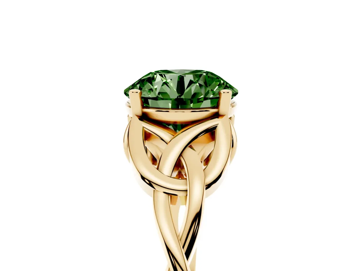 Fancy Green Round Cut Diamond Solitaire Engagement Ring with Celtic Knot Band and Four-Prong Setting Yellow gold
