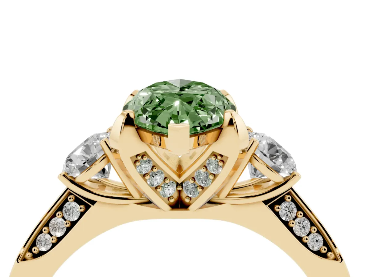 Fancy Green Marquise Cut Brilliant Three-Stone Diamond Ring with Pavé Band and Four-Prong Setting Yellow gold