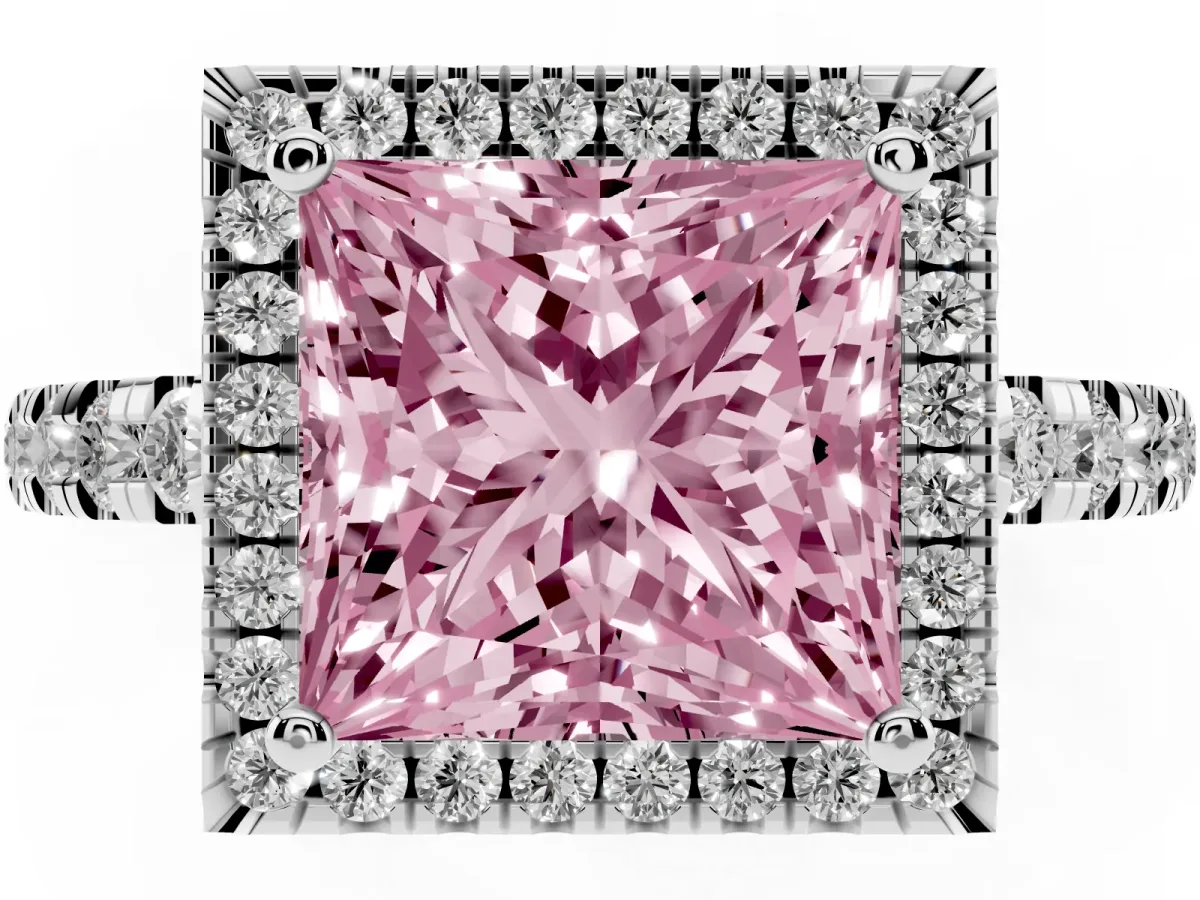Fancy Pink Princess Cut Diamond Halo Ring with Pavé Band and Four-Prong Setting Platinum
