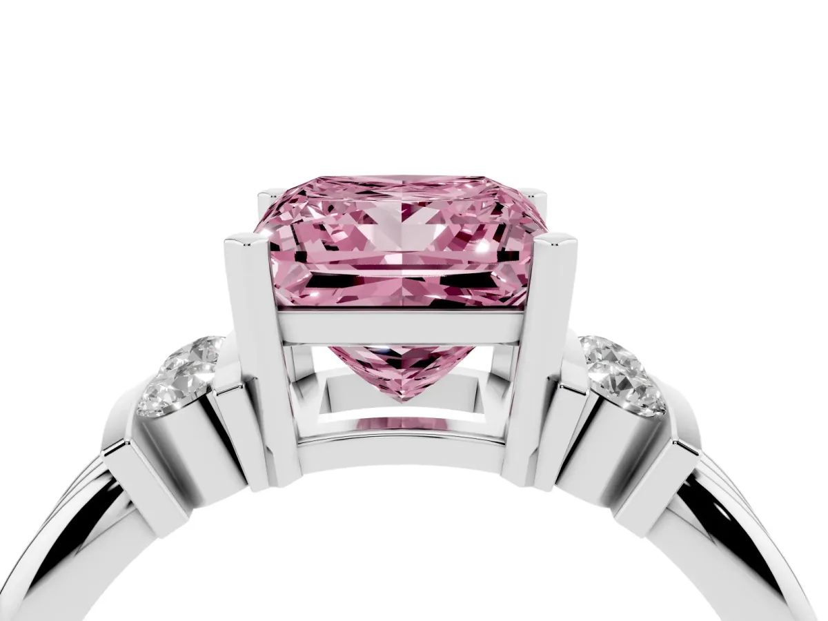 Fancy Pink Princess Cut Cut Three-Stone Channel Set Ring with Bar Prongs Silver