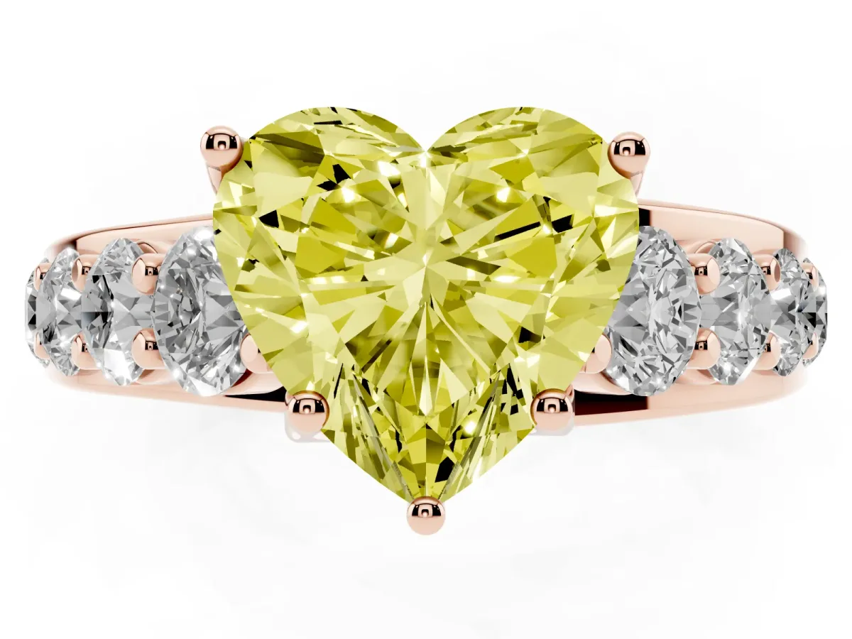 Fancy Yellow Heart Cut Diamond Engagement Ring with Pavé Band and Four-Prong Setting Rose gold