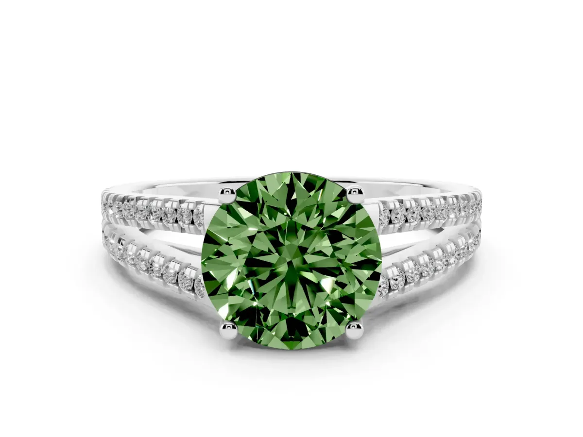 Fancy Green Round Cut Diamond Solitaire Engagement Ring with Split Shank Pavé Band Platinum