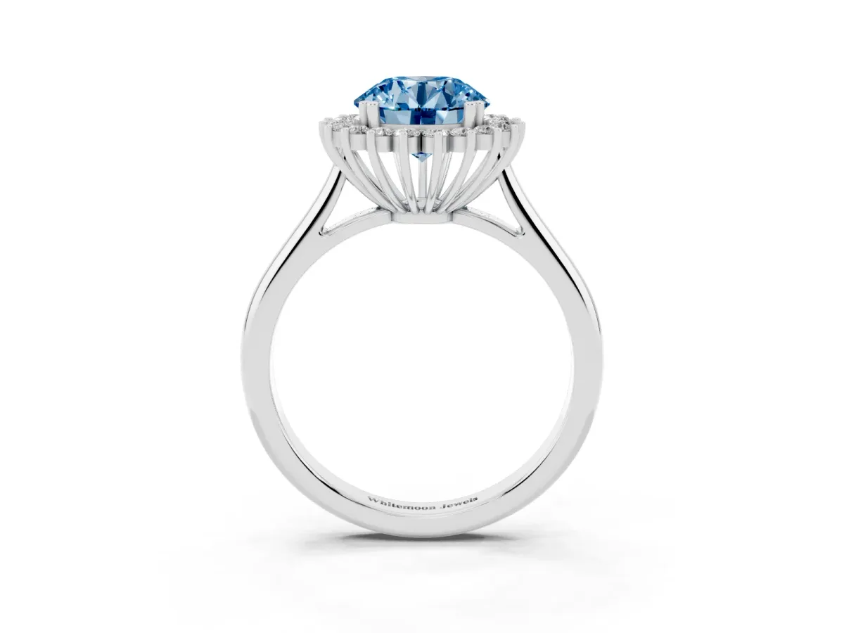 Fancy Blue Round Cut Cut Diamond Halo Ring with Solitaire Band and Prong Setting Silver