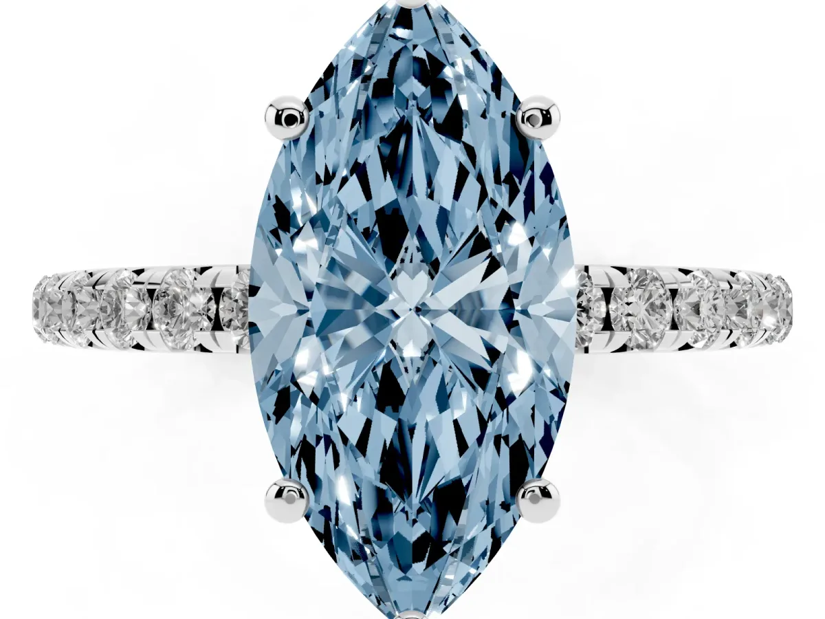 Fancy Blue Marquise Cut Cut Diamond Solitaire Ring with Micro Pave Band and Four Prong Setting Platinum