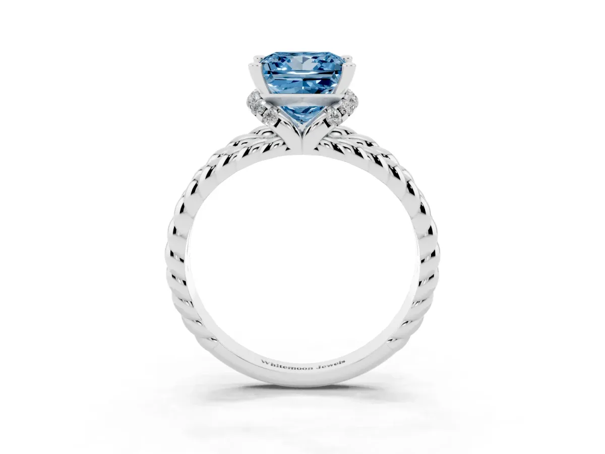 Fancy Blue Princess Cut Halo Twisted Band Four-Prong Ring Silver