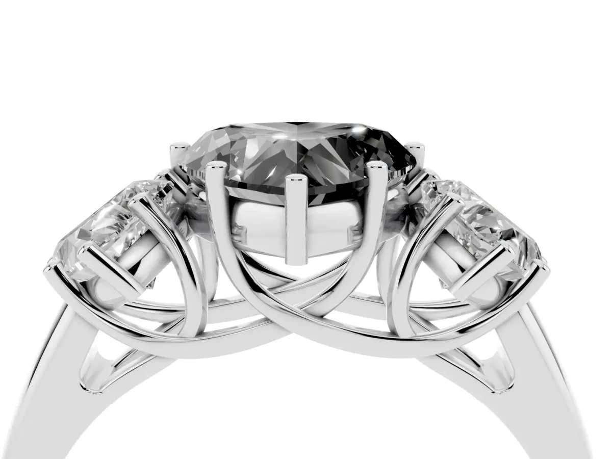 Fancy Black Three-Stone Heart Cut Diamond Engagement Ring with Prong Setting White gold