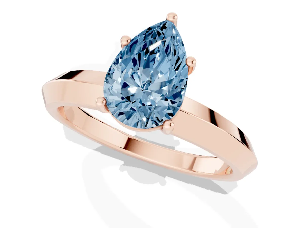 Fancy Blue Pear Cut Cut Solitaire Engagement Ring with Flat Band and Four-Prong Setting Rose gold