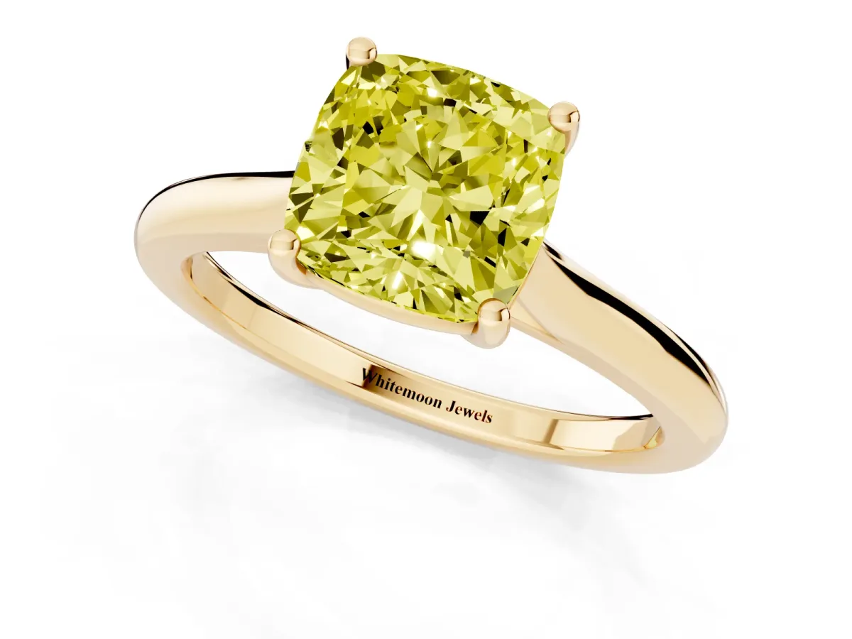 Fancy Yellow Cushion Cut Cut Solitaire Ring with Cathedral Band and Four-Prong Setting Yellow gold