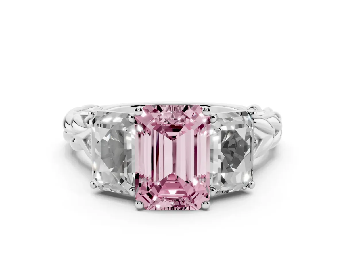 Fancy Pink Three-Stone Radiant Cut Diamond Braided Band Ring with Four-Prong Setting Platinum