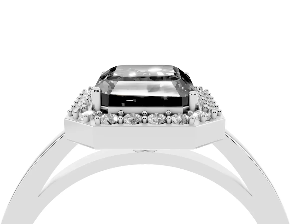 Fancy Black Radiant Cut Halo Diamond Ring with Solitaire Band and Prong Setting Platinum