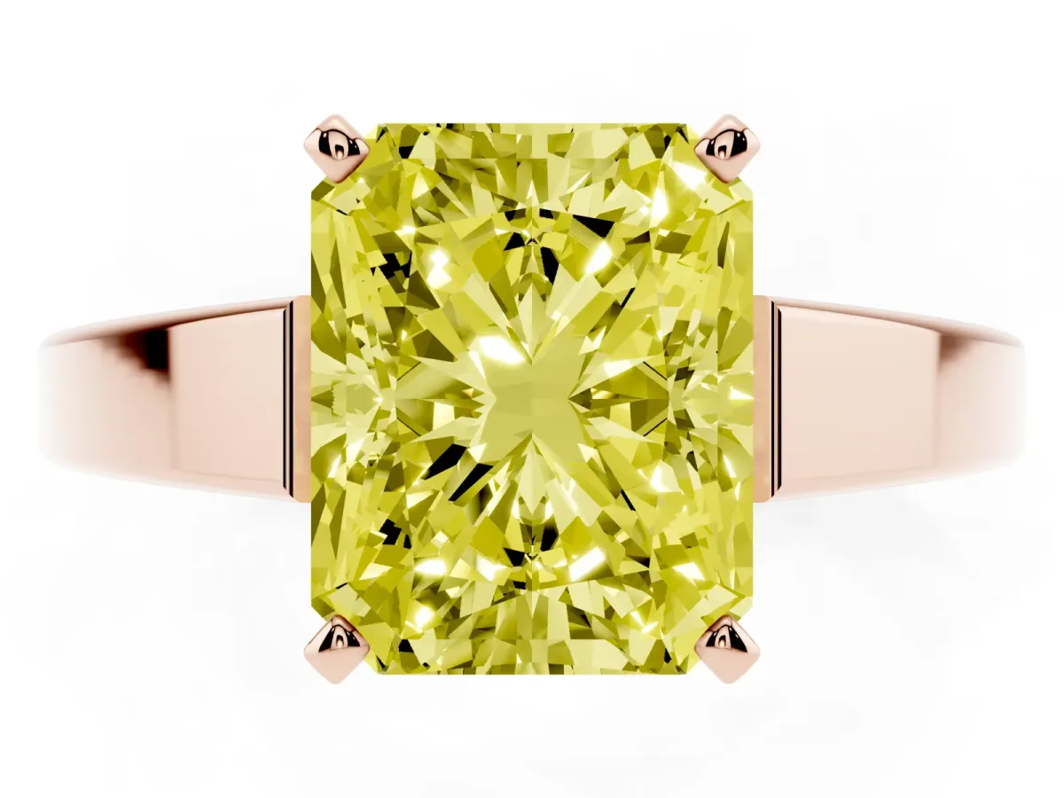 Fancy Yellow Radiant Cut Solitaire Engagement Ring with Four-Prong Setting and Tapered Band Rose gold
