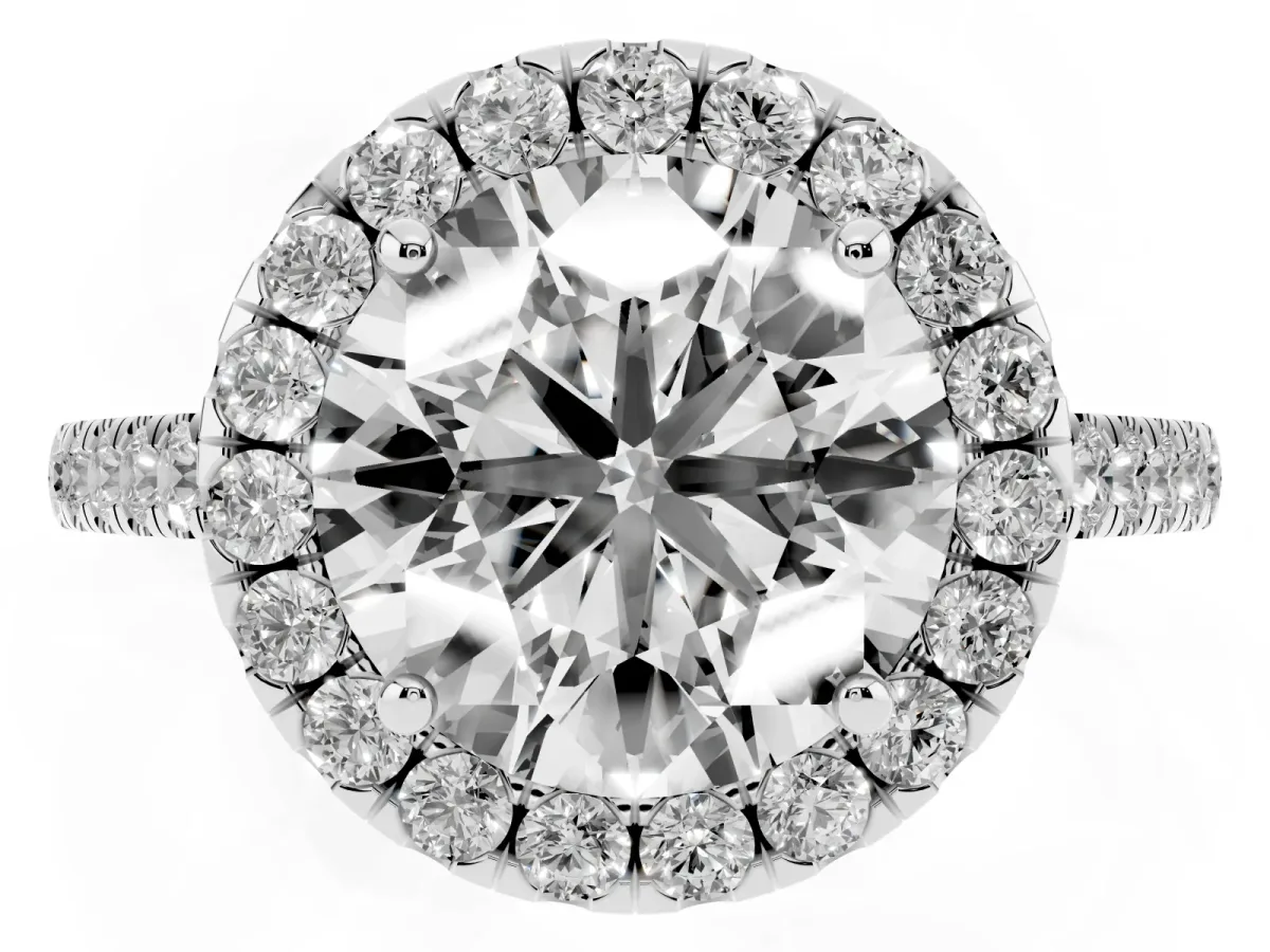 Round Cut Halo Pave Diamond Engagement Ring with Four-Prong Setting Silver