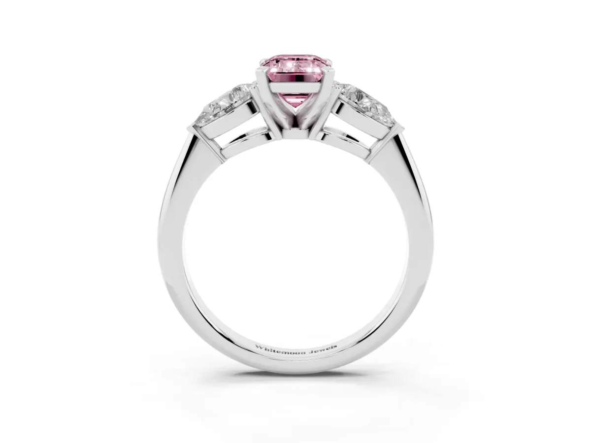 Fancy Pink Three-Stone Emerald Cut Diamond Ring with Pear Side Stones and Four-Prong Setting Silver