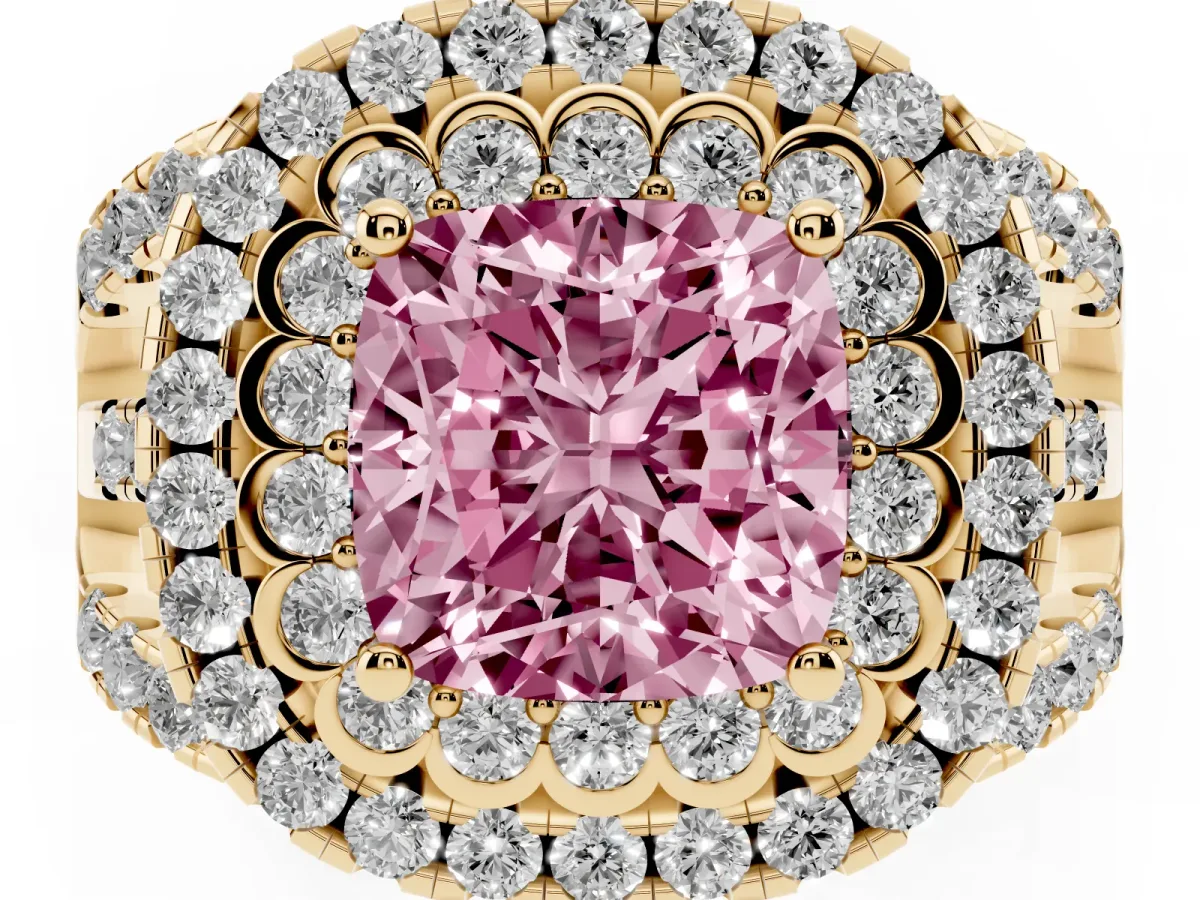 Fancy Pink Cushion Cut Diamond Double Halo Ring with Round Pavé Split Shank and Prong Setting Yellow gold