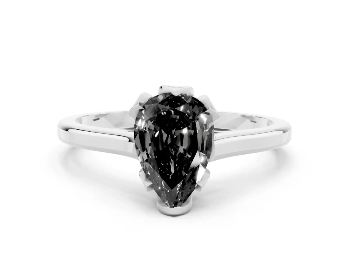 Fancy Black Pear Cut Diamond Solitaire Ring with Flower Prong Setting and Classic Band Silver