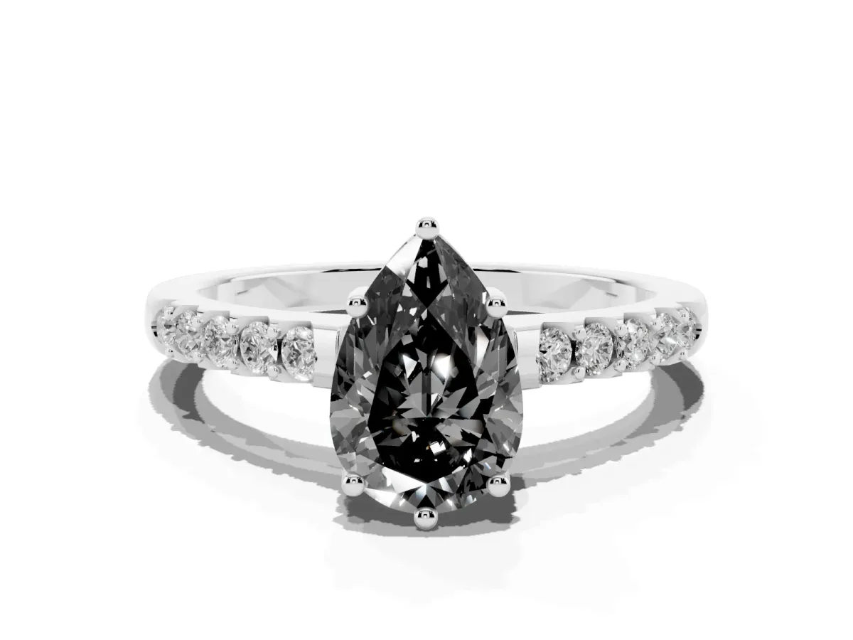 Fancy Black Pear Cut Solitaire Diamond Engagement Ring with Pavé Band and Six-Prong Setting Platinum