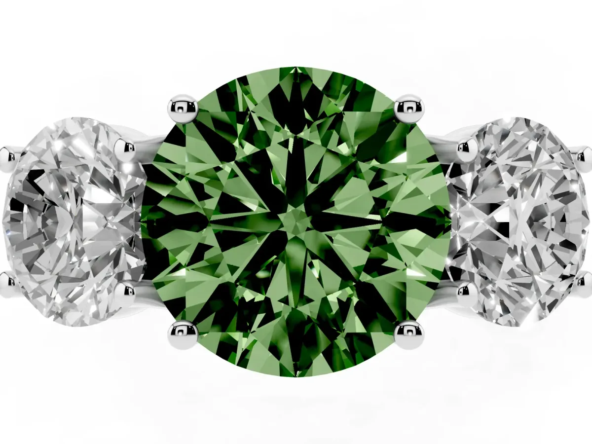 Fancy Green Three-Stone Round Cut Diamond Pavé Band with Prong Setting Silver