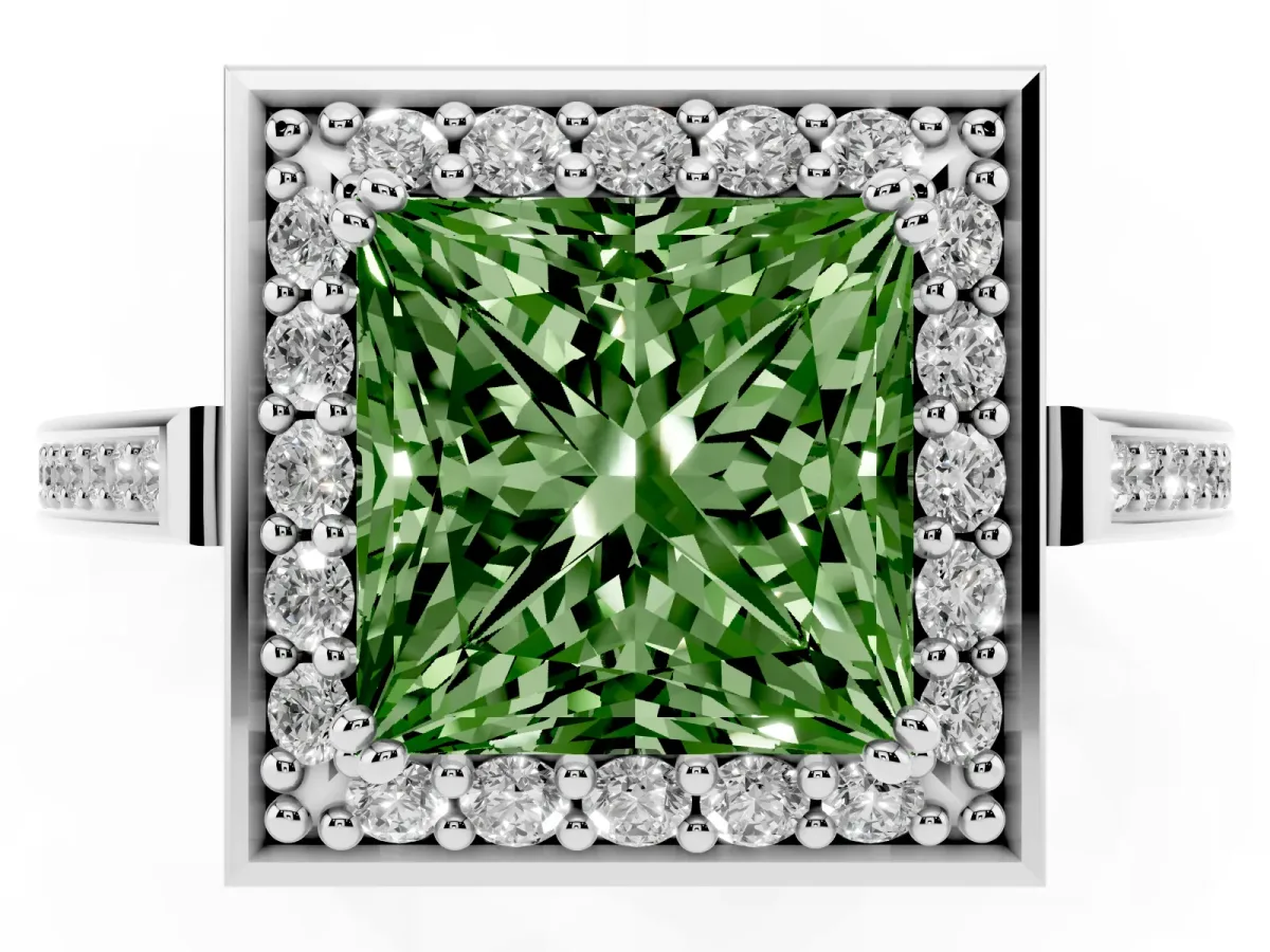 Fancy Green Princess Cut Diamond Halo Ring with Split Shank and Four-Prong Setting Silver