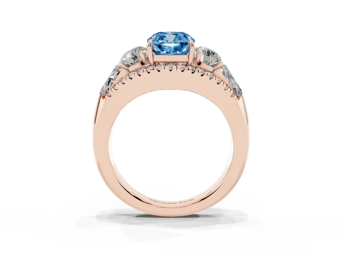 Fancy Blue Three-Stone Cushion Cut Diamond Engagement Ring with Pave Band and Prong Setting Rose gold