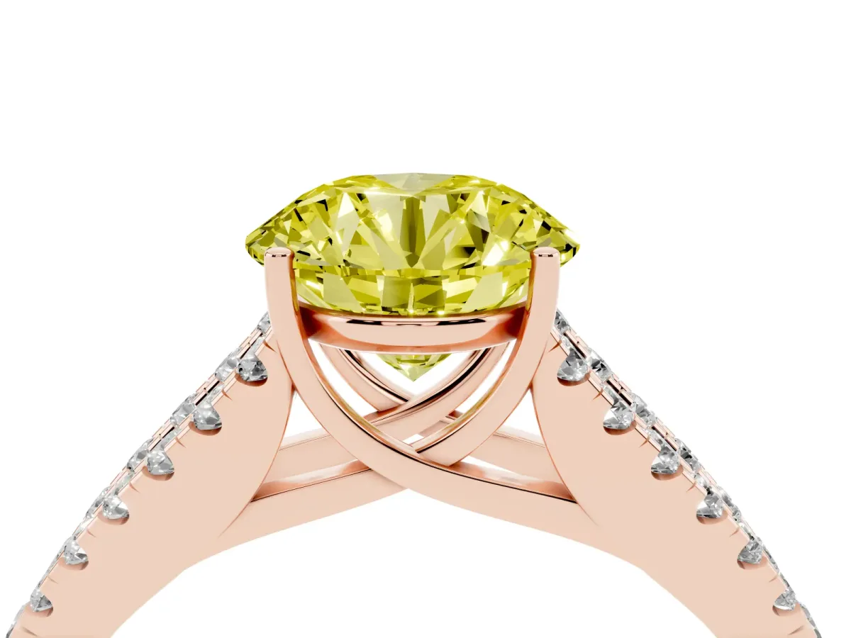 Fancy Yellow Round Cut Diamond Split Shank Engagement Ring with Round Pavé and Prong Setting Rose gold