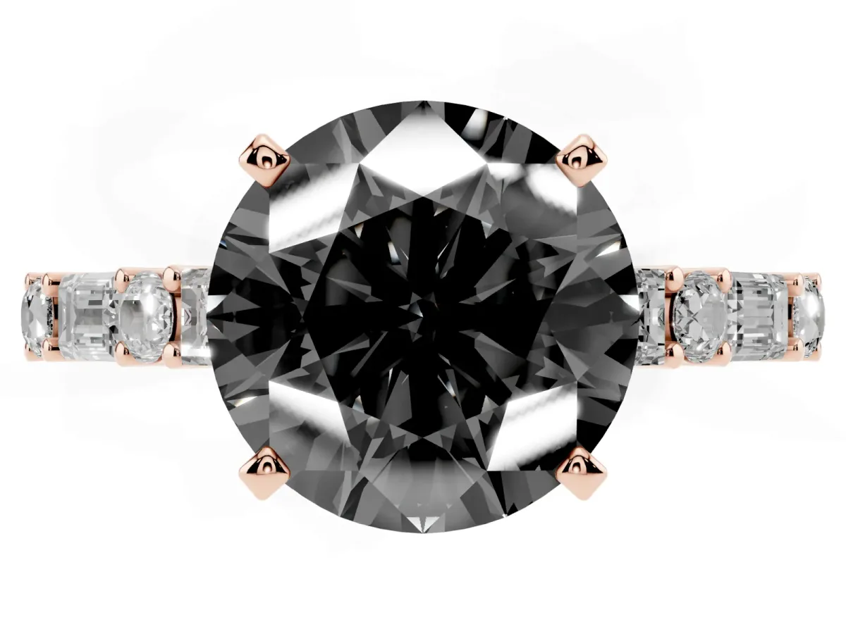 Fancy Black Round Cut Diamond Solitaire with Side Baguettes and Channel Set Band Rose gold