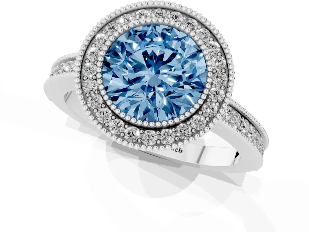 Fancy Blue Round Cut Cut Halo Diamond Ring with Pavé Band and Milgrain Prong Setting White gold