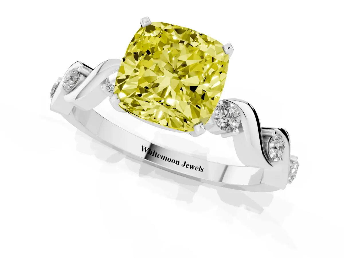 Fancy Yellow Cushion Cut Diamond Solitaire Twisted Band with Round Accents and Prong Setting White gold