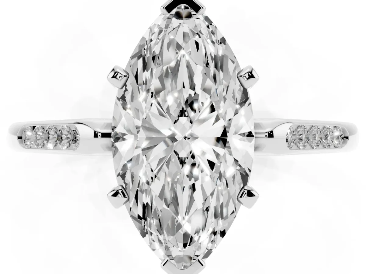 Marquise Cut Diamond Solitaire Ring with Channel Set Round Band and Prong Setting Silver