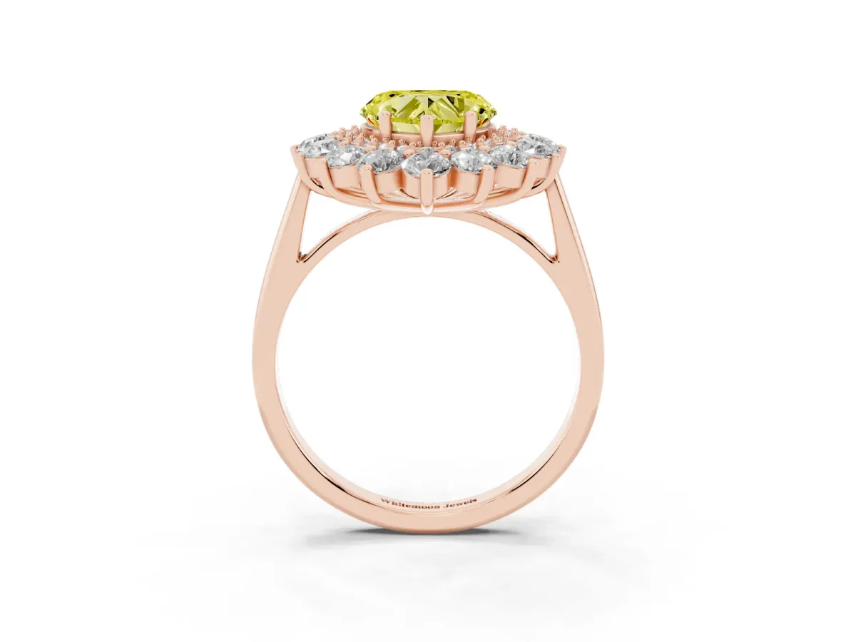 Fancy Yellow Heart Cut Diamond Floral Double Halo Engagement Ring with Prong Setting Rose gold