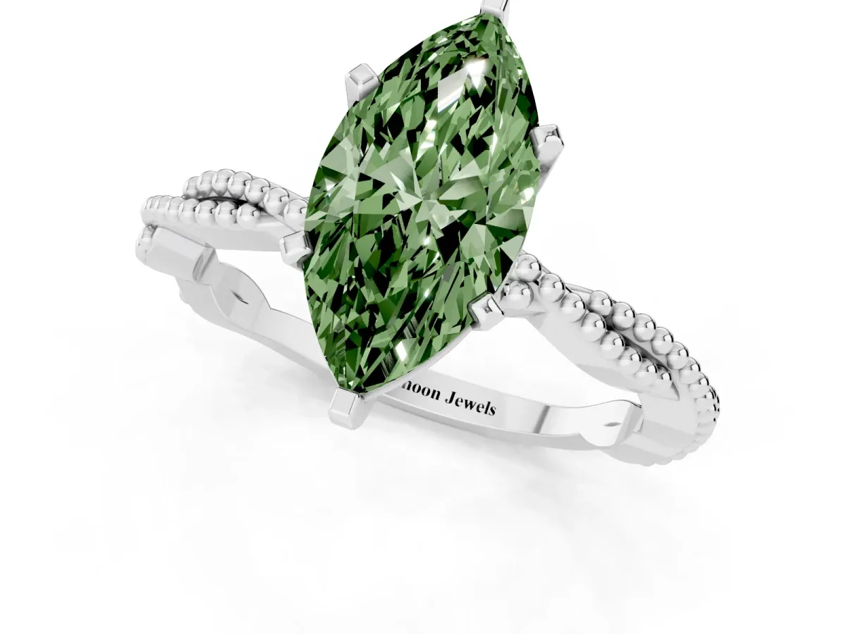 Fancy Green Marquise Cut Solitaire Twisted Band with Bead Prong Setting Platinum