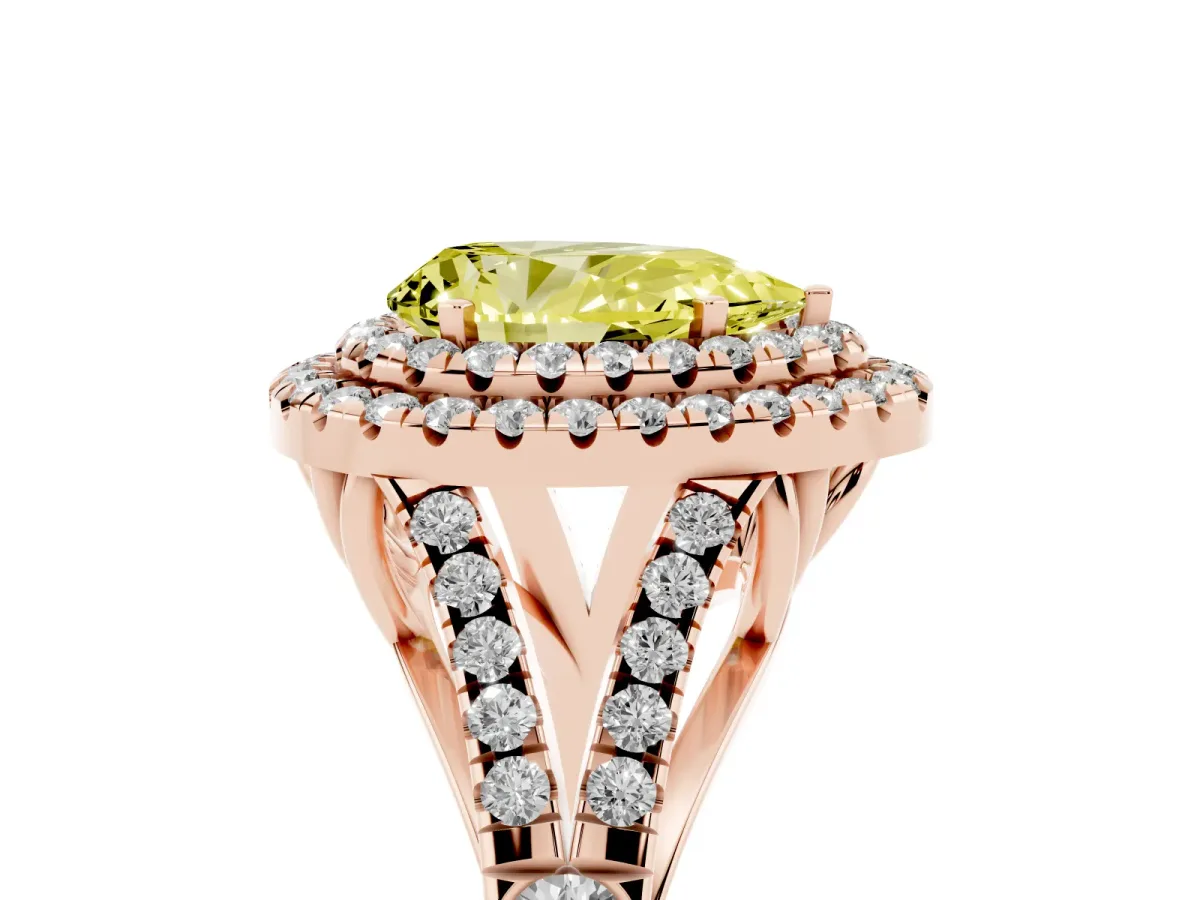 Fancy Yellow Pear Cut Cut Double Halo Split Shank Diamond Ring with Prong Setting Rose gold