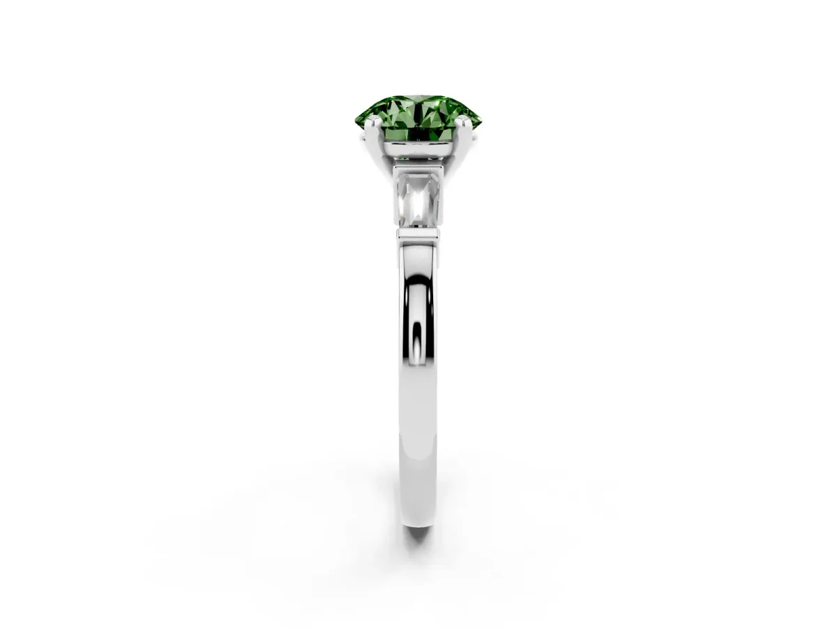 Fancy Green Round Cut Cut Diamond Solitaire Ring with Tapered Baguette Accents and Four-Prong Setting Silver