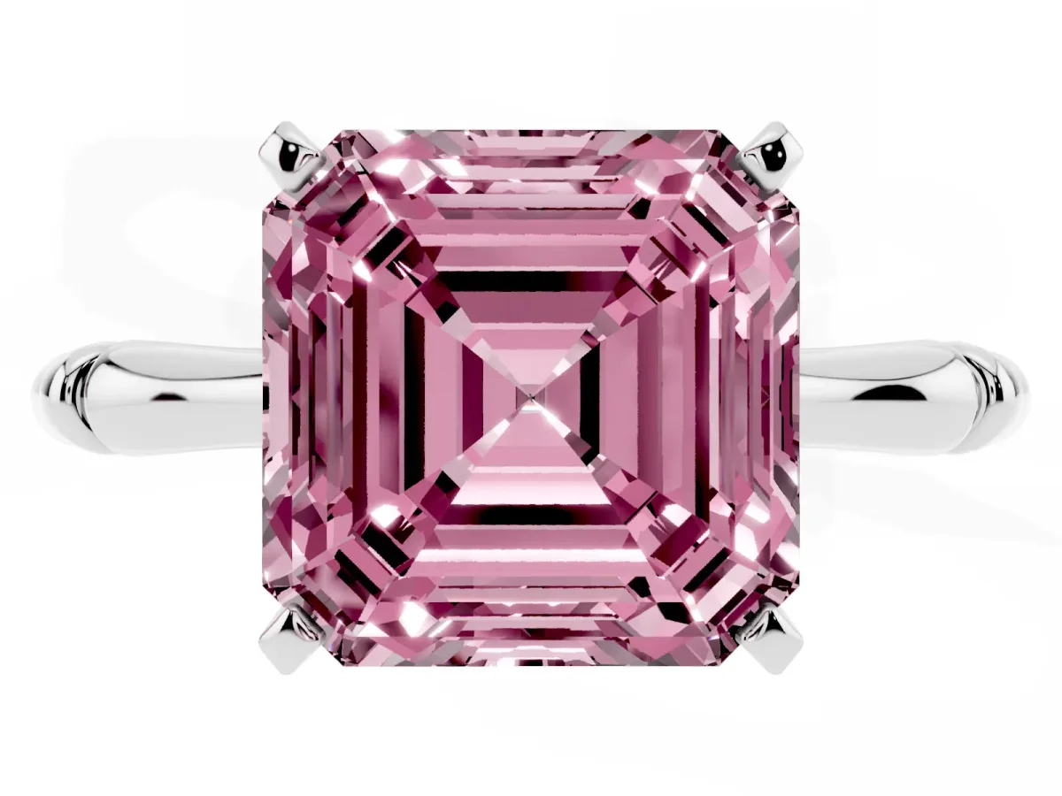 Fancy Pink Asscher Cut Solitaire Diamond Ring with Bamboo Band and Four-Prong Setting Silver