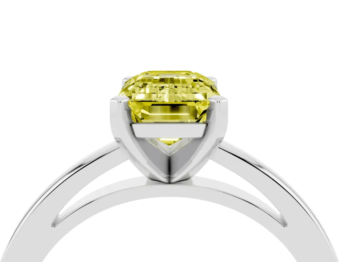 Fancy Yellow Emerald Cut Solitaire Diamond Engagement Ring with Four-Prong Setting on a Classic Band White gold