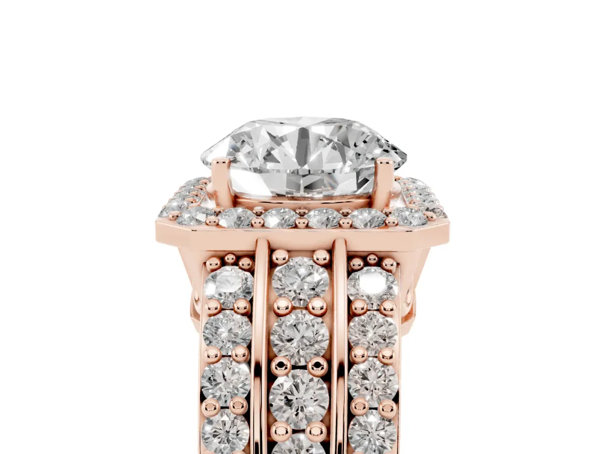 Round Cut Halo Diamond Ring with Round Split Shank and Prong Setting Rose gold