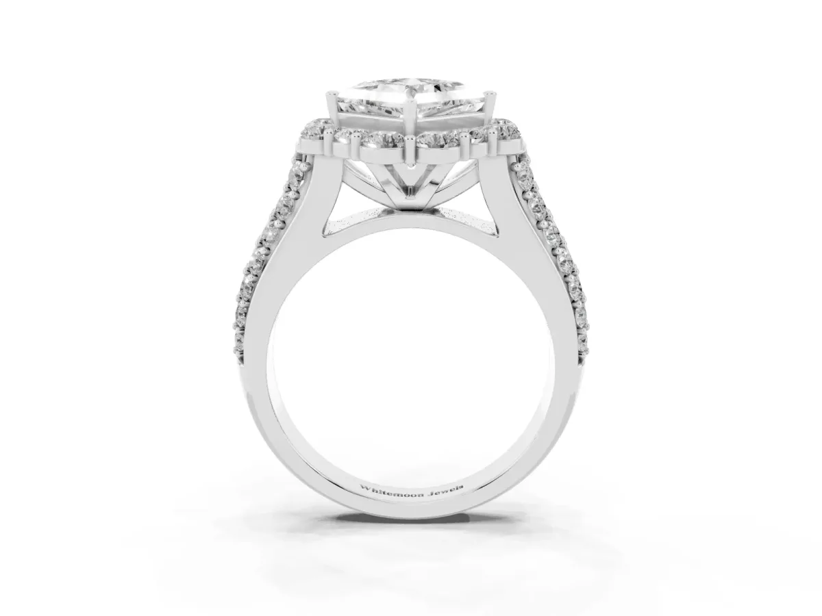Princess Cut Halo Diamond Engagement Ring with Split Shank and Prong Setting Silver