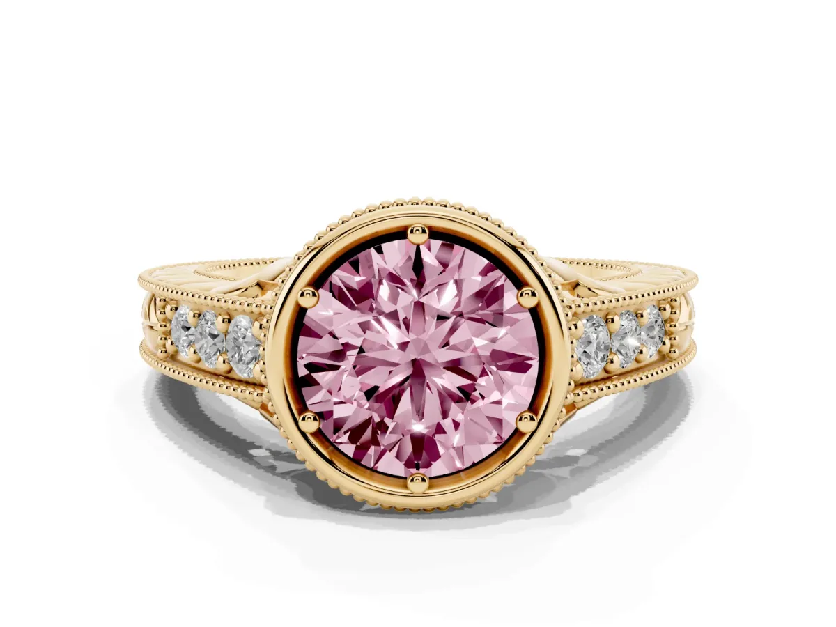 Fancy Pink Bezel Set Round Cut Diamond Milgrain Pave Engagement Ring Yellow gold