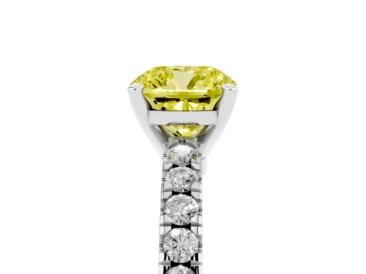 Fancy Yellow Cushion Cut Solitaire Diamond with Pavé Band and Four-Prong Setting White gold