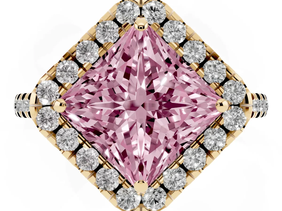 Fancy Pink Princess Cut Diamond Cushion Halo Ring with Pavé Band Yellow gold
