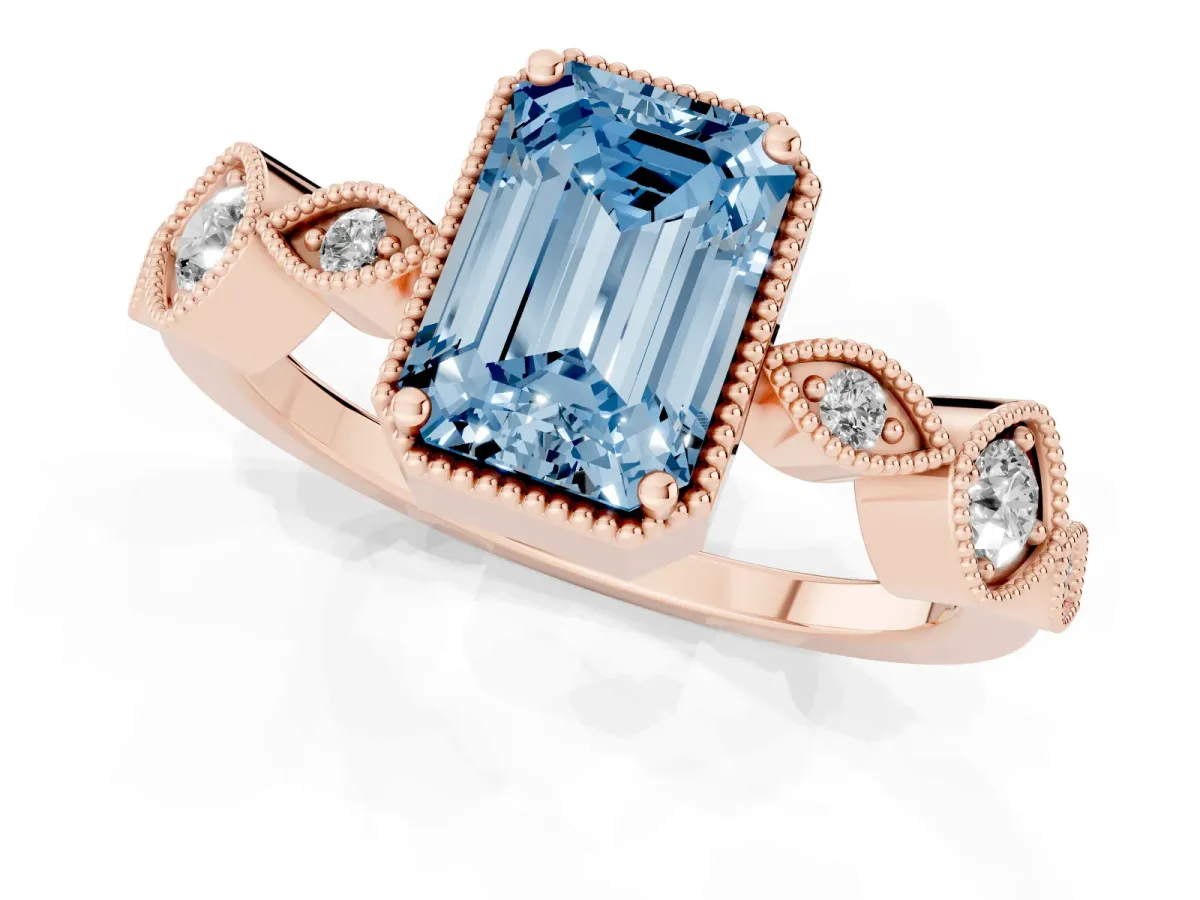 Fancy Blue Emerald Cut Diamond Vintage Milgrain Ring with Round Stations Rose gold