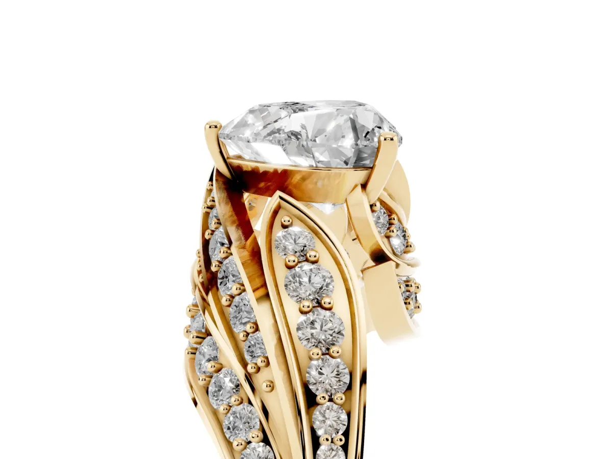 Heart Cut Diamond Solitaire Ring with Prong Setting and Twisted Pavé Band Yellow gold