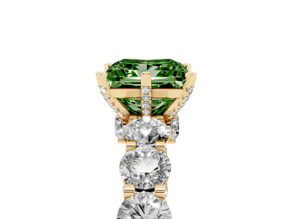 Fancy Green Princess Cut Diamond Side Stone Engagement Ring with Four-Prong Setting Yellow gold