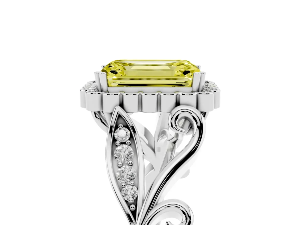 Fancy Yellow Emerald Cut Diamond Halo Ring with Vintage Split Shank and Four-Prong Setting Silver