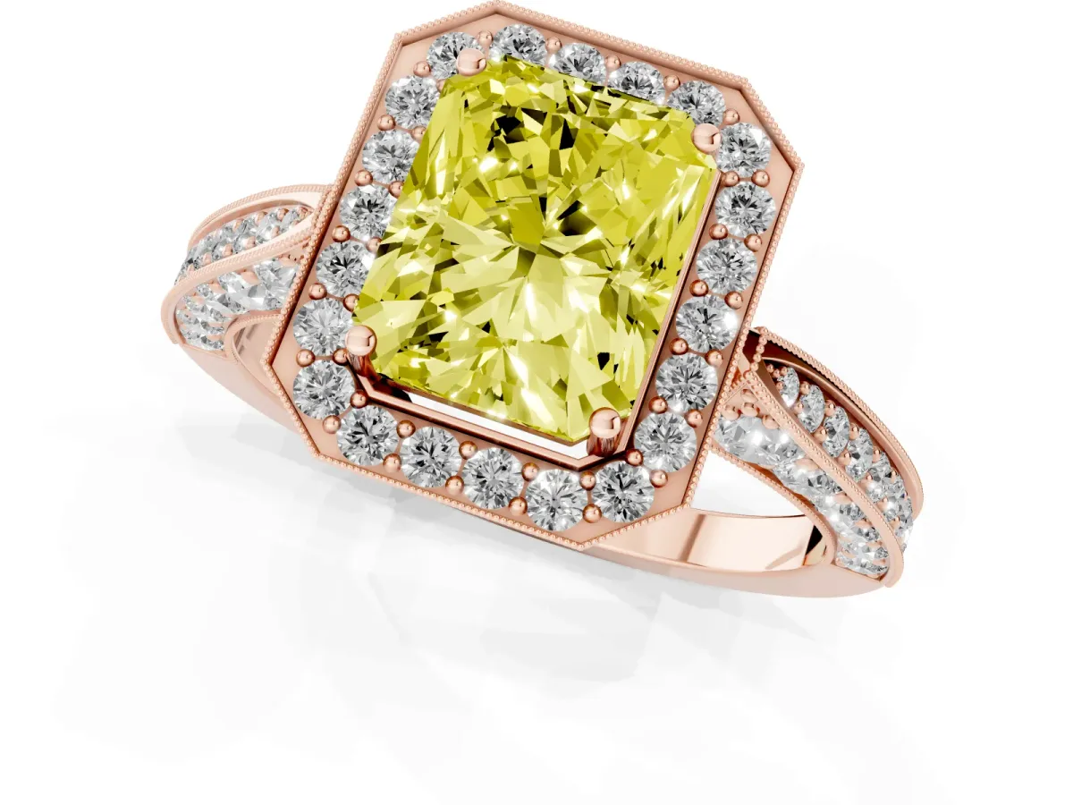 Fancy Yellow Radiant Cut Halo Diamond Engagement Ring with Split Shank Band and Four-Prong Setting Rose gold