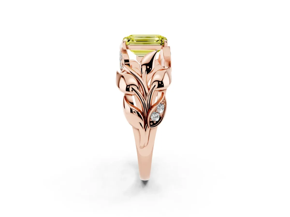 Fancy Yellow Emerald Cut Diamond Leaf-Inspired Engagement Ring with Round Accents and Prong Setting Rose gold